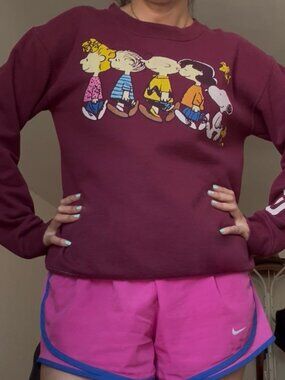 Rare Peanuts Vintage Graphic Sweatshirt Burgundy Crewneck Oversized Fit